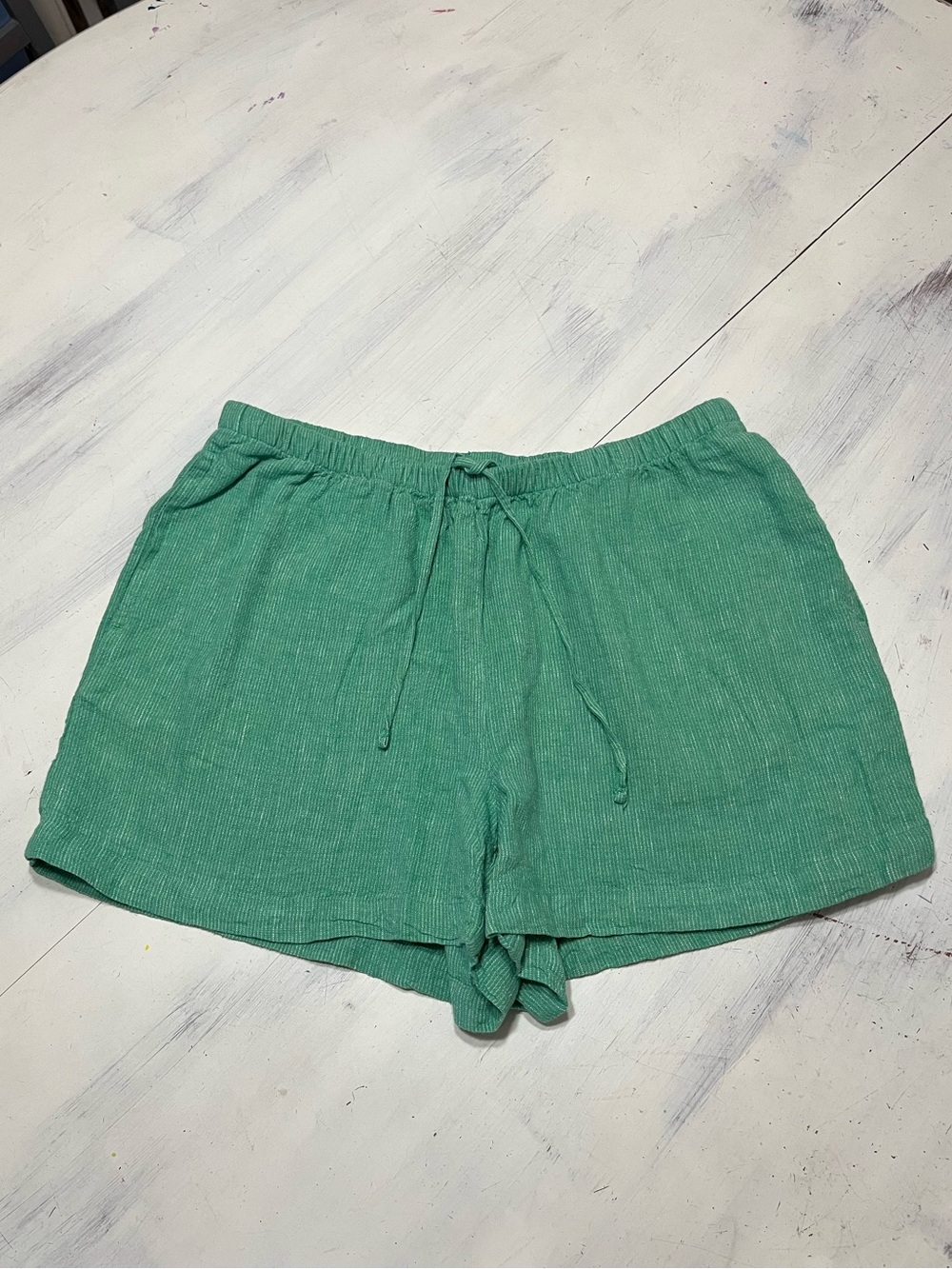 A New Day Green Stripe Linen Blend Drawstring Shorts Sz M